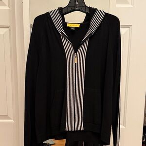 St. John Black Hooded Zip Sweater with White Stripe Trim